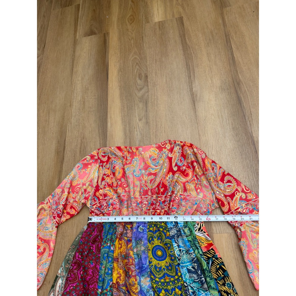 Silk Blend Patchwork Boho Fairy Bell Sleeve tunic mini dress L/XL whimsy paisley - Picture 6 of 7